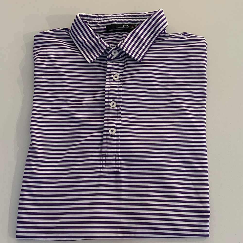 RLX Ralph Lauren Golf Polo Shirt, Purple and White Striped